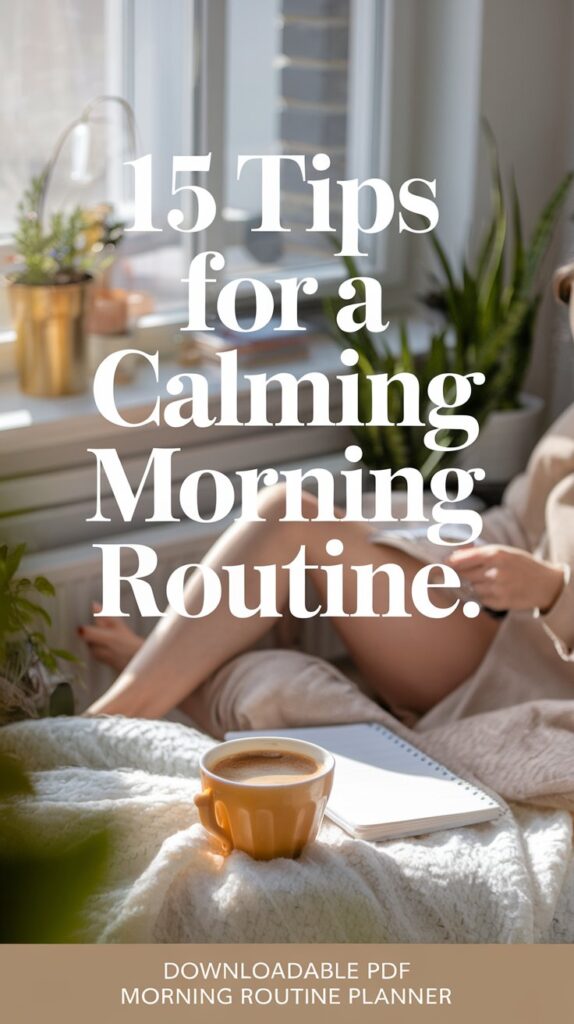 A cozy indoor scene featuring a person relaxing on a soft blanket with their legs crossed. In their hand, they hold a notebook, and beside them is a small cup of coffee. Sunlight streams through large windows, illuminating plants placed on the windowsill. Overlaying the image is the text "15 Tips for a Calming Morning Routine." At the bottom, there's additional text that reads "DOWNLOADABLE PDF MORNING ROUTINE PLANNER."