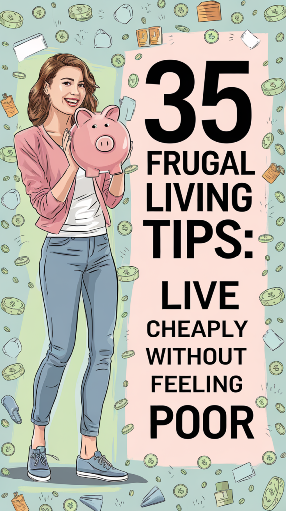 Infographic outlining 35 frugal living tips for saving money effectively.