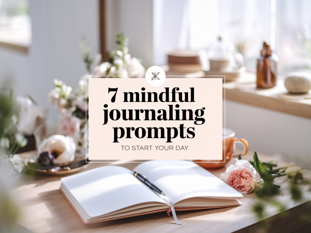 A beautifully arranged desk with soft natural light streaming through the window, featuring an open journal, a pen resting on its pages, and delicate pink and white flowers in the background. A warm cup of tea sits nearby, creating a serene atmosphere for mindful journaling.