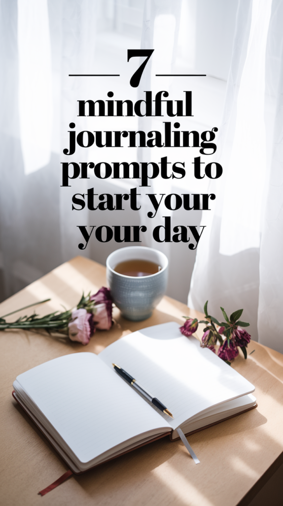 A bright and airy workspace with an open journal, a pen placed on its pages, and a calming cup of tea nearby. Soft floral elements accentuate the setting, while sunlight filters through sheer curtains, creating a peaceful ambiance for starting the day with mindfulness.