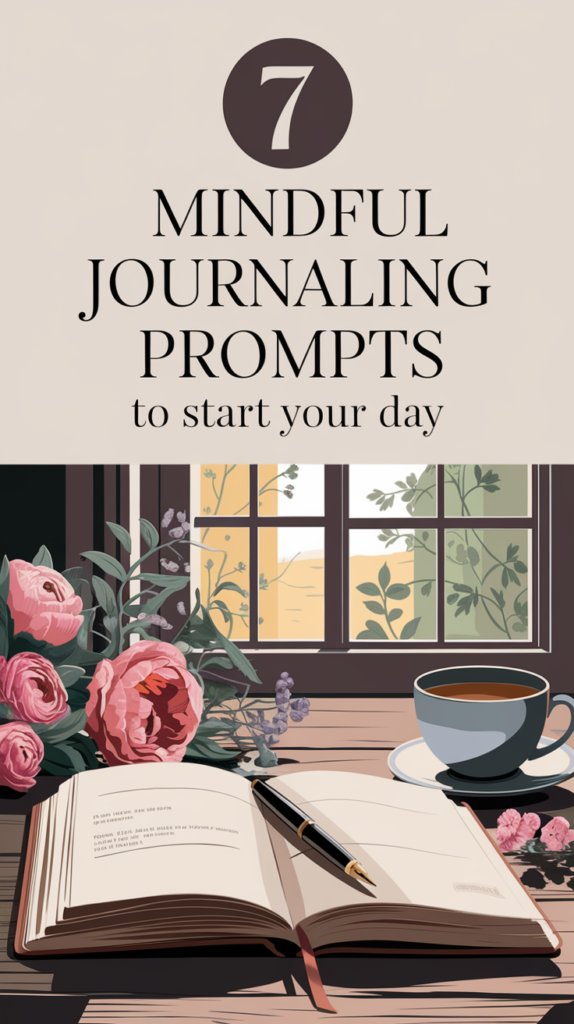 A cozy scene featuring a journal and pen on a rustic wooden table, surrounded by vibrant flowers. In the background, a sunny window reveals greenery outside, while a steaming cup of coffee waits nearby, inviting readers to engage with mindful journaling prompts.