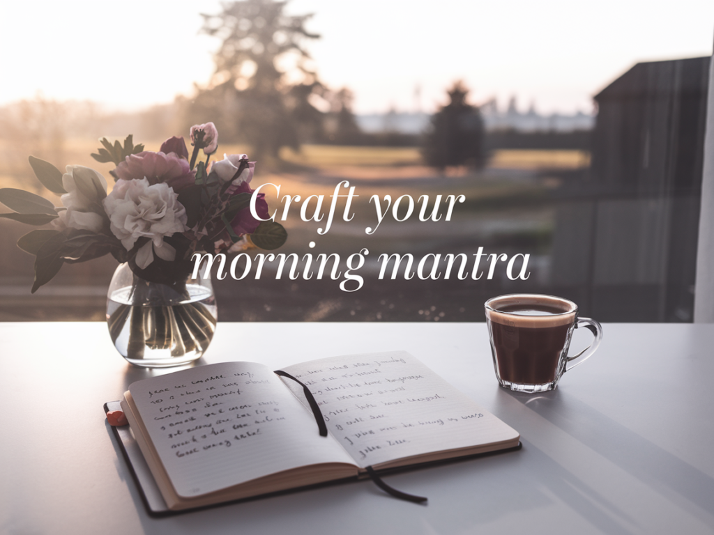 A cozy morning setup with a journal open to handwritten notes, a cup of coffee, and a vase of flowers, all under soft sunrise light.