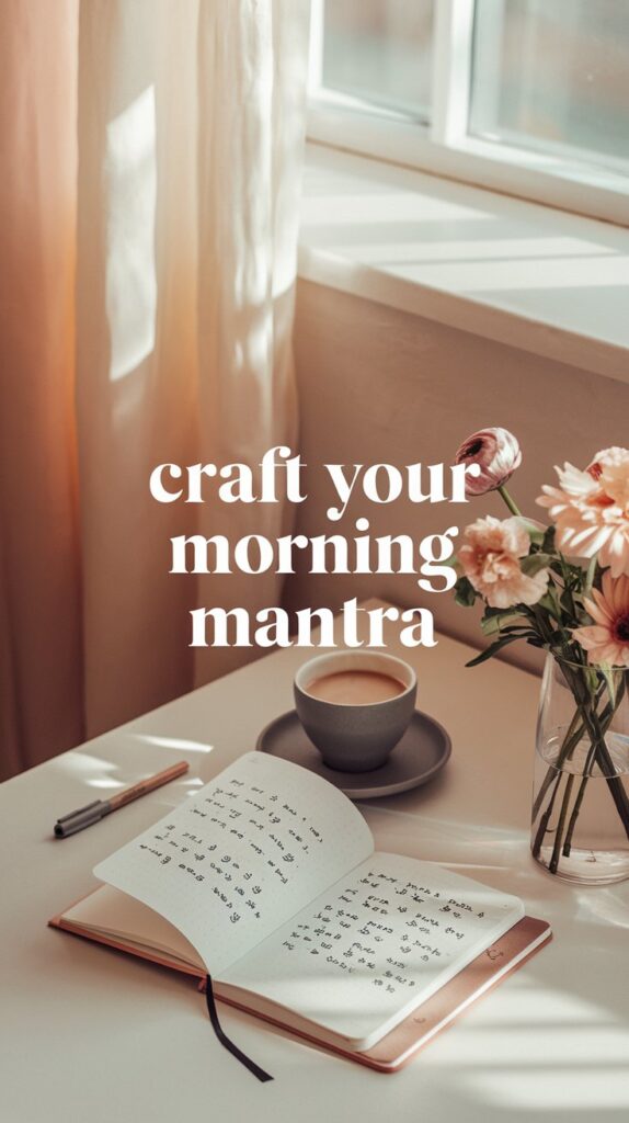 A serene workspace showing a cup of coffee, an open notebook filled with writing, and fresh flowers, softened by natural light.