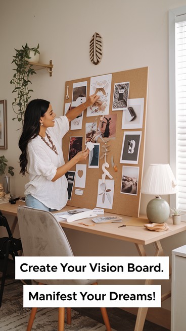 A woman creating a vision board, surrounded by magazines, scissors, and glue