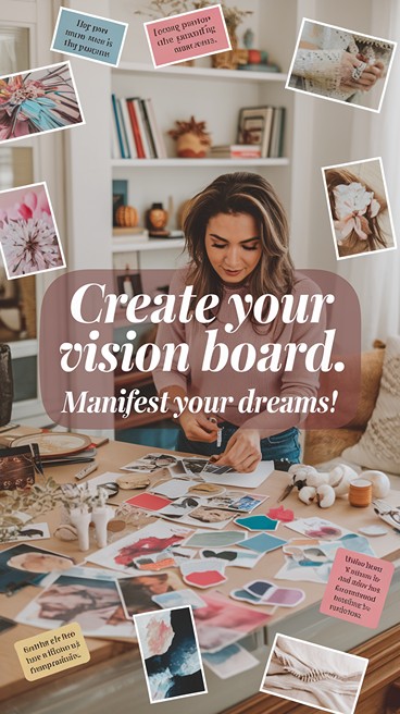 Close-up of hands arranging pictures on a vision board, focused on goal setting