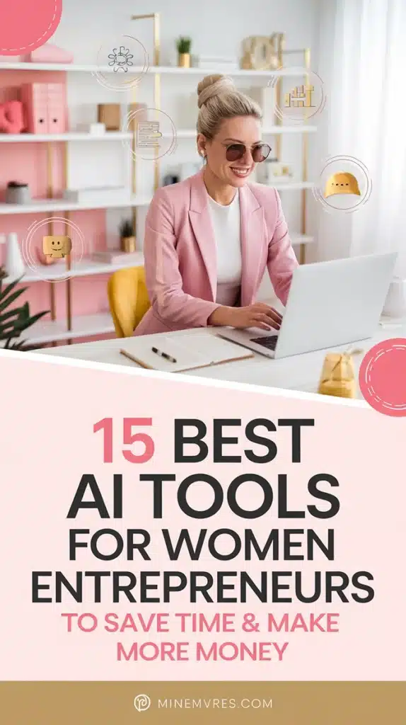 A collage featuring logos of various AI tools for women entrepreneurs, including Canva, HubSpot, and QuickBooks.