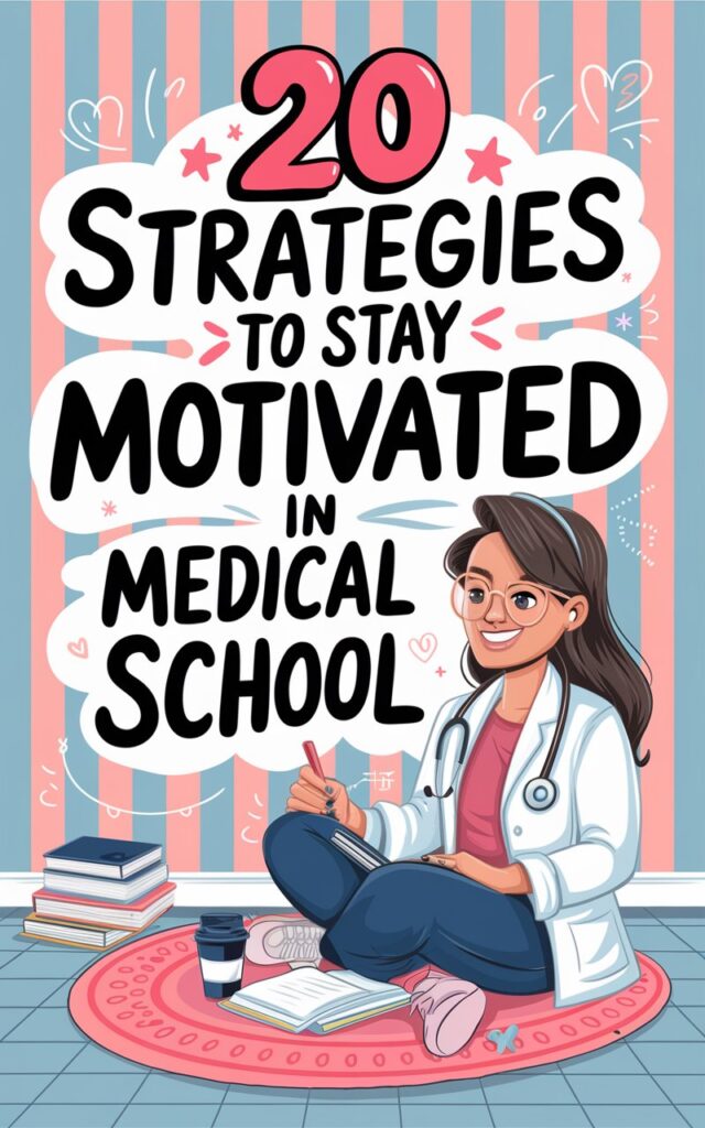 An animated woman with glasses and a stethoscope is sitting cross-legged on a circular rug, writing in a notebook while surrounded by stacks of books and a coffee cup. The background has vertical stripes in pink and blue. The prominent text states, "20 Strategies to Stay Motivated in Medical School," featuring bold, colorful lettering and playful doodles.