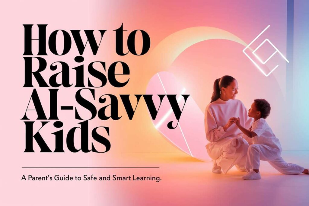 Image 4: A mother and her child are playfully interacting in a bright, modern space featuring abstract shapes. The text reads, "How to Raise AI-Savvy Kids: A Parent's Guide to Safe and Smart Learning."