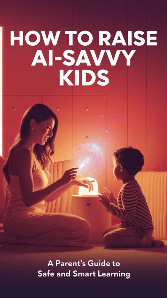 Image 3: A mother smiles at her child while showing him a glowing object in a serene, dimly lit room. The text says, "HOW TO RAISE AI-SAVVY KIDS: A Parent's Guide to Safe and Smart Learning."