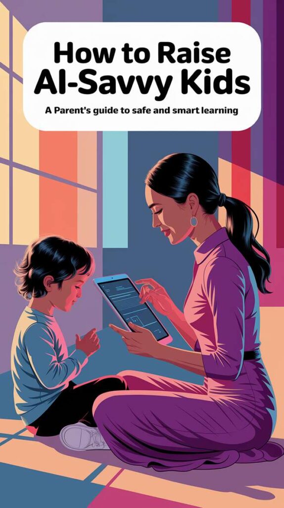 Image 1: A mother and child sit together on the floor, engaged with a tablet. The background features colorful vertical lights. The text reads, "How to Raise AI-Savvy Kids: A Parent's Guide to Safe and Smart Learning."