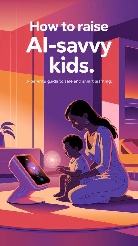 Image 2: A mother and child are seated on the floor, interacting with a smart device that lights up. The room's ambiance is warm and colorful. The text states, "How to raise AI-savvy kids: A parent's guide to safe and smart learning."