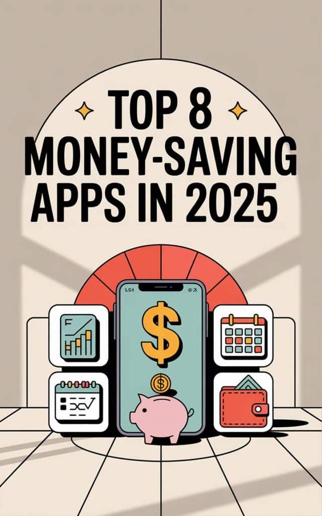 Collage of money-saving app logos (Honey, Fetch Rewards, Trim) with a piggy bank and growing graph, representing easy ways to cut expenses